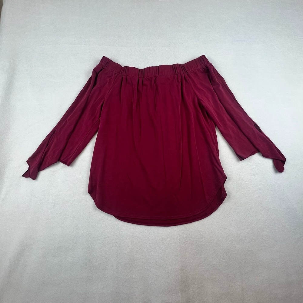 KLD Signature Off Shoulder Top Women's M Burgundy Modal Split Sleeve Made in USA